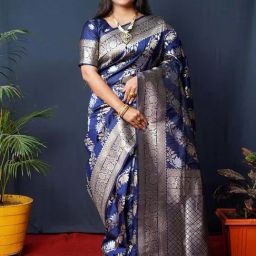 SHUBHKALA Navy Silk Woven Saree With Unstitched Blouse-image-43