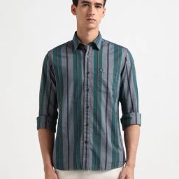 Arrow Sport Green Cotton Slim Fit Striped Shirt-picture-42