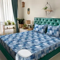 Klotthe Blue Cotton Printed 400 TC King Fitted Bedsheet with 2 Pillow Covers-picture-11