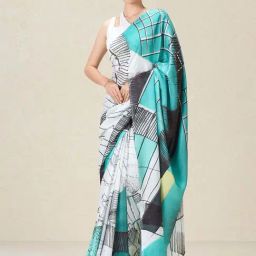 navyasa by liva White & Blue Printed Saree With Unstitched Blouse-image-57