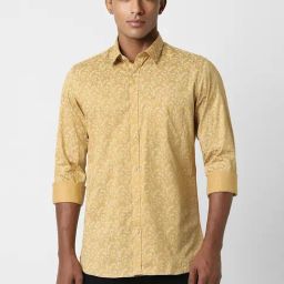 Peter England Yellow Cotton Slim Fit Printed Shirt-image-80