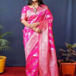 SHUBHKALA Pink Silk Woven Saree With Unstitched Blouse-image-3