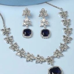 OOMPH Deep Blue American Diamond Sqaure Shape Necklace Set with Earrings-image-14