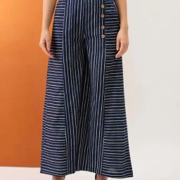 Globus Women Indigo Variegated Stripes Button Detail Mid-Rise Flared Fusion Palazzos-image-27