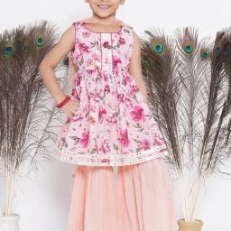 Little Bansi Kids Pink & Peach Floral Print Kurta, Sharara with Dupatta-image-38