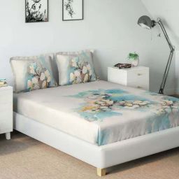 DDecor Floral Blue 144 TC Cotton King Bedsheet with 2 pillow Covers-14