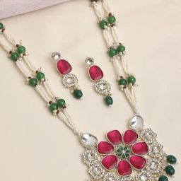 Oomph Pink Long Mala Jadau Necklace, Earring & MaangTikka Set-28