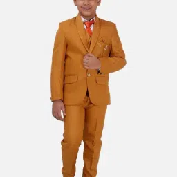 Fourfolds Kids Mustard Regular Fit Coat, Waistcoat, Shirt, Trouser & Tie-image-9