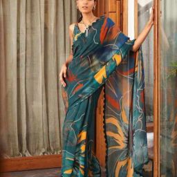 Odette Teal Blue Printed Saree With Unstitched Blouse-image-61
