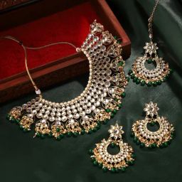 Priyaasi Glimmering Kundan Elegance and Green Stones Jewellery Set with Maangtikka-image-45