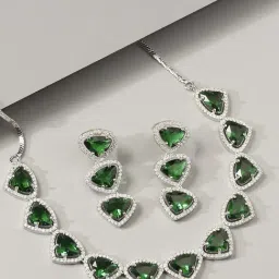 OOMPH Green American Diamond Triangle Drop Pendant Necklace Set with Earrings-image-3