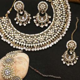 OOMPH Golden Kundan & Pearls Necklace Set with Maangtikka & Mathapatti for Women-13