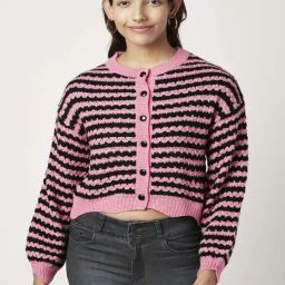 People by Pantaloons Black & Pink Striped Cardigan-picture-46