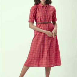Akkriti by Pantaloons Red Cotton Chequered Shirt Dress-picture-36