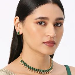 Oomph Green Stones Jadau Ethnic Necklace & Earring Set-37