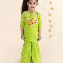 Pspeaches Three Fourth Sleeves Lace Embellished Bandhani Kurta & Sharara Set - Green-image-76