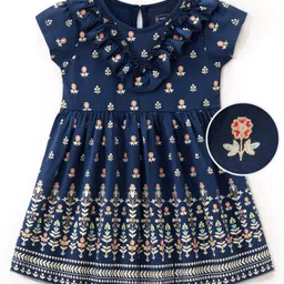 Earthy Touch 100% Cotton Knit Half Sleeves Ethnic Dresses with Floral Print - Navy Blue-picture-38