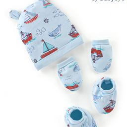 Babyoye 100% Cotton  with Eco Jiva Finish  Ocean Print Cap Mittens  Bootie Set- Blue-image-9