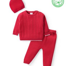 Babyhug Organic Cotton Knit Full Sleeves Sweater Set & Cap with Cable Knit Design - Red-image-94