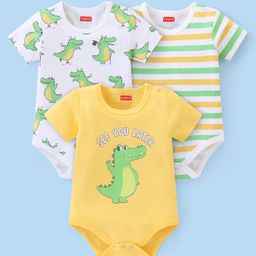 Babyhug 100% Cotton Knit Half Sleeves Striped & Crocodile Printed Onesies Pack of 3 - Yellow White & Green-image-91