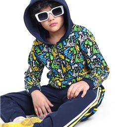 Ollington St. 100% Cotton Knit Full Sleeves Hooded Sweatshirt & Joggers Set With Motorcycle Print - Navy-image-125