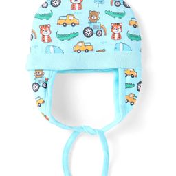 Babyhug 100% Cotton Knit Cap with String & Vehicle Print Light Blue - Diameter 11 cm-image-11