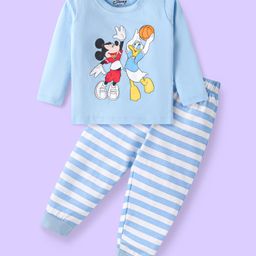 Babyhug Disney Single Jersey Knit Full Sleeve Night Suit With Mickey Mouse Print - Light Blue & White-image-113
