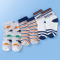 Doodle Poodle Cotton Knit Ankle Length Socks  with Dino & Stripes Design Pack of 3 - White & Grey-picture-2