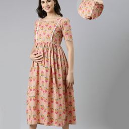 Swishchick Cotton Half Sleeves Floral Printed Maternity Dress With Nursing Access - Pink-picture-20