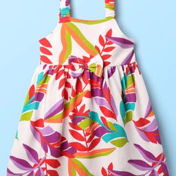 Babyhug Single Jersey Knit Sleeveless Frock with Tropical Print & Bow Applique - White-image-94