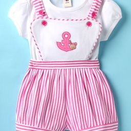 ToffyHouse Cotton Woven Striped Dungaree & Half Sleeves T-Shirt With Anchor Embroidery - Pink & White-image-11