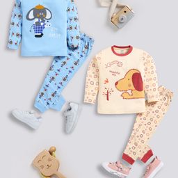 TOONYPORT Cotton Pack Of 2 Full Sleeves Elephant & Dog Printed Sweatshirts With Coordinating Joggers Set - Blue & Cream-image-30