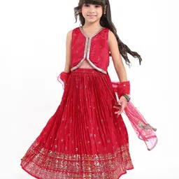 Babyhug Woven Sleeveless Choli Lehenga Set with Dupatta & Rhinestone Lace Detailing - Red-picture-13