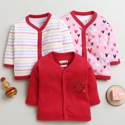 BUMZEE Cotton Knit Full Sleeves Stripes & Hearts Printed Jhablas Pack Of 3 - Red & White-image-42