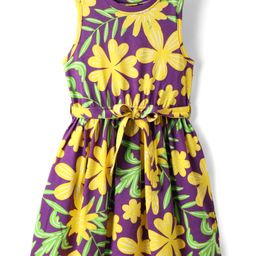 Pine Kids Cotton Knit Sleeveless Frock With Floral Print & Belt - Violet-image-7