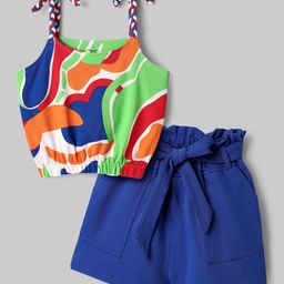 OLLINGTON ST. Cotton Sleeveless Abstract Printed Top & Shorts Set with Fabric Belt - Blue-image-78