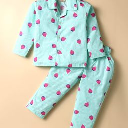 Rikidoos Full Sleeves Striped & Strawberry Printed Coordinating Night Suit Set - Sea Green-image-64