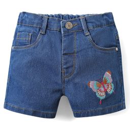 Babyhug Denim Mid Thigh shorts With Butterfly Embriodery - Blue-image-72