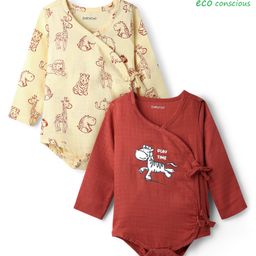Babyoye 100% Organic Muslin Full Sleeves Animal Printed Onesies Pack of 2 - Maroon & Cream-image-9