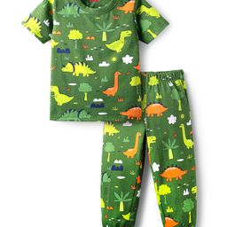 Babyhug Cotton Knit Half Sleeves Co-ords Night Suit With Dino Print - Green-image-27