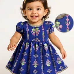 EARTHY TOUCH Single Jersey Knit Half Sleeves Ethnic Frock With Floral Print - Navy Blue-picture-5