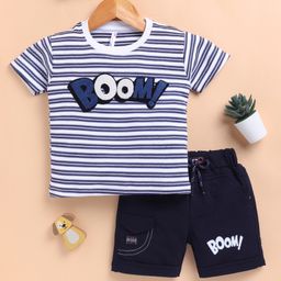 TOONYPORT Cotton Knit Half Sleeves Striped & Boom Text Printed Tee & Coordinating Shorts Set - White-image-42