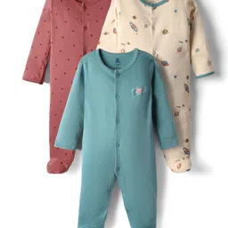 I Bears Interlock Knit Full Sleeves Footed Sleep Suits with Space Print Pack Of 3 - Rose Gold & Teal Blue-picture-4