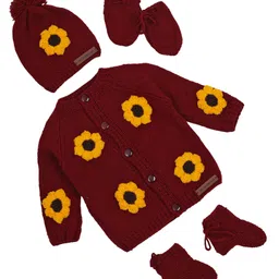The Original Knit Knit Full Sleeves Sunflower Designed Sweater With Coordinating Cap Mittens & Socks Set - Maroon-picture-5