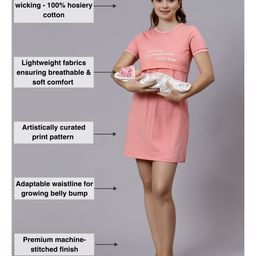 True Shape Half Sleeves Typography Printed Maternity Dress With Two Layer Lift Nursing Access - Baby Pink image 3