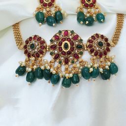 Diksha collection Brass-Plated Stone Studded & Beaded Jewellery Set-image-78