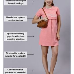 True Shape Half Sleeves Typography Printed Maternity Dress With Two Layer Lift Nursing Access - Baby Pink image 4