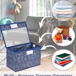 Kuber Industries Drawer Storage Box  Clothes Drawer Organizer with Handle  Transparent Lid with Velcro  Wardrobe Organizer for Books  Flower Printed Dhakkan Storage Box  Large  Navy Blue image 4