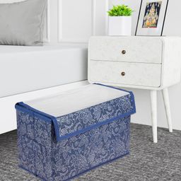 Kuber Industries Drawer Storage Box  Clothes Drawer Organizer with Handle  Transparent Lid with Velcro  Wardrobe Organizer for Books  Flower Printed Dhakkan Storage Box  Large  Navy Blue image 5