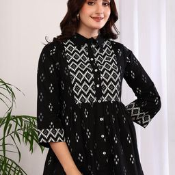 YASH GALLERY Women Geometric Print Mandarin Collar Cotton Top-picture-35